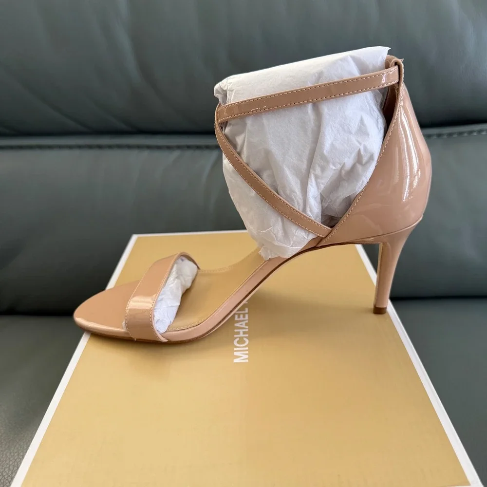 Michael Kors Ava Mid Sandal Patent Lt Blush Pink Stiletto Heels 40F9AVMA1A 8M